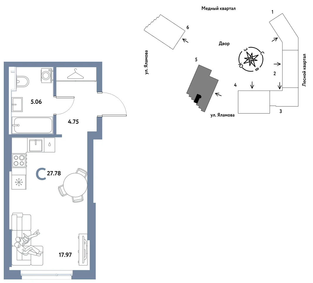 Планировка Студия, 27.78 м² ЖК «Сибирский сад»