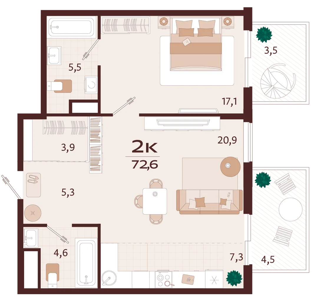 Планировка 2-комн. квартира, 72.6 м² ЖК «Роялта»