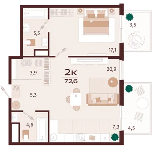 Планировка 2-комн. квартира, 72.6 м² ЖК «Роялта»