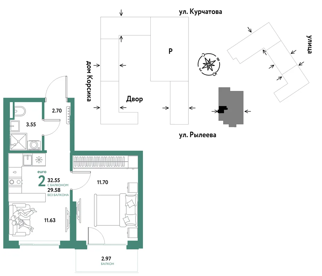 Планировка 2-комн. квартира, 32.55 м² ЖК «Остров-сад»