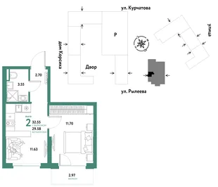 Планировка 2-комн. квартира, 32.55 м² ЖК «Остров-сад»