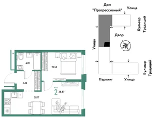 Планировка 2-комн. квартира, 38.87 м² ЖК «Микрорайон Домашний»