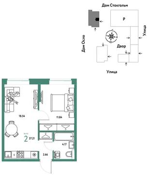 Планировка 2-комн. квартира, 37.21 м² ЖК «Европейский берег 2.0»