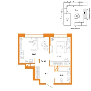 Планировка 1-комн. квартира, 36.9 м² ЖК «Юнион»