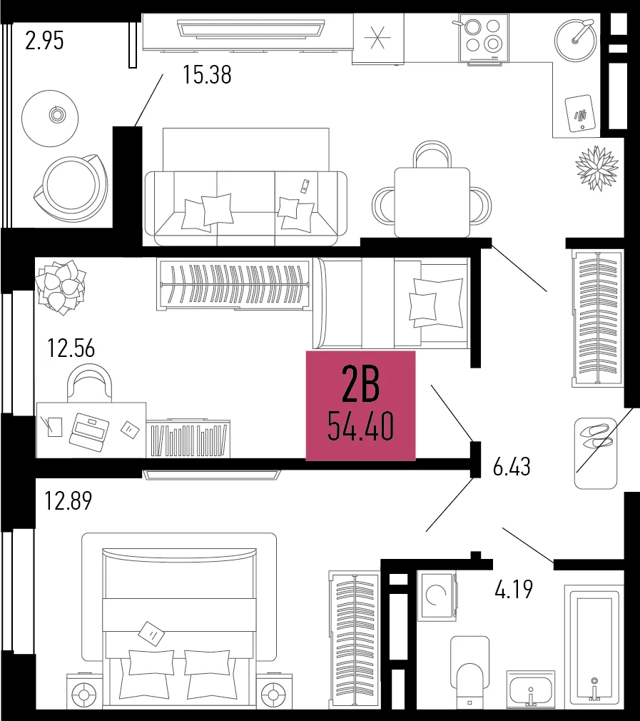 Планировка 2-комн. квартира, 54.4 м² ЖК «Столицыно»