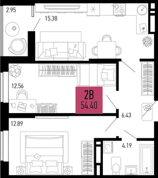 Планировка 2-комн. квартира, 54.4 м² ЖК «Столицыно»
