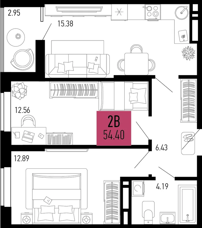 Планировка 2-комн. квартира, 54.4 м² ЖК «Столицыно» Планировка 2-комн. квартира, 54.4 м² ЖК «Столицыно»