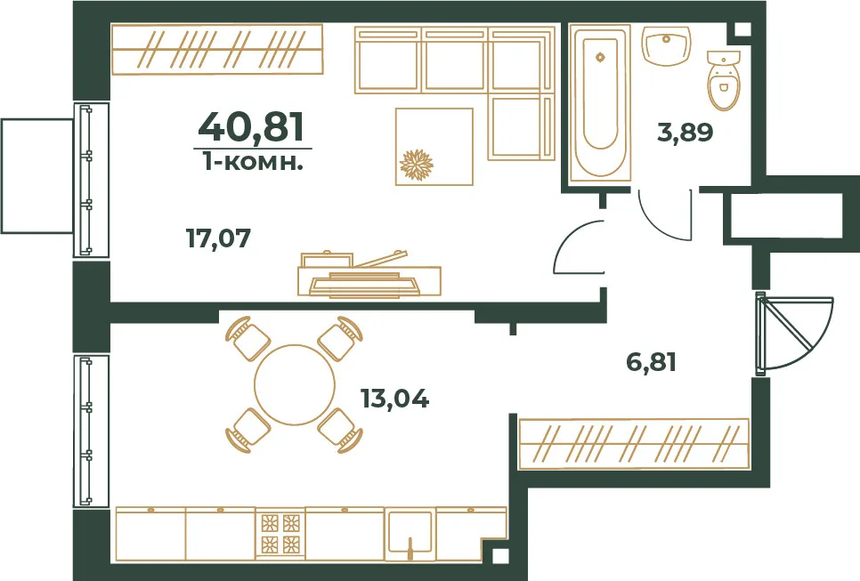 Планировка 1-комн. квартира, 40.81 м² ЖК «Южный квартал»