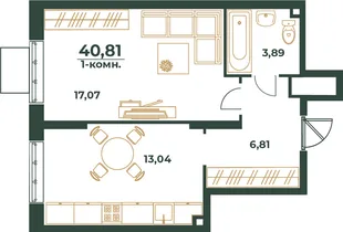 Планировка 1-комн. квартира, 40.81 м² ЖК «Южный квартал»