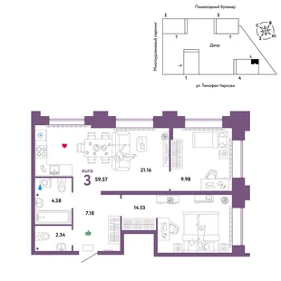 Планировка 3-комн. квартира, 59.57 м² ЖК «Микрорайон Звездный»