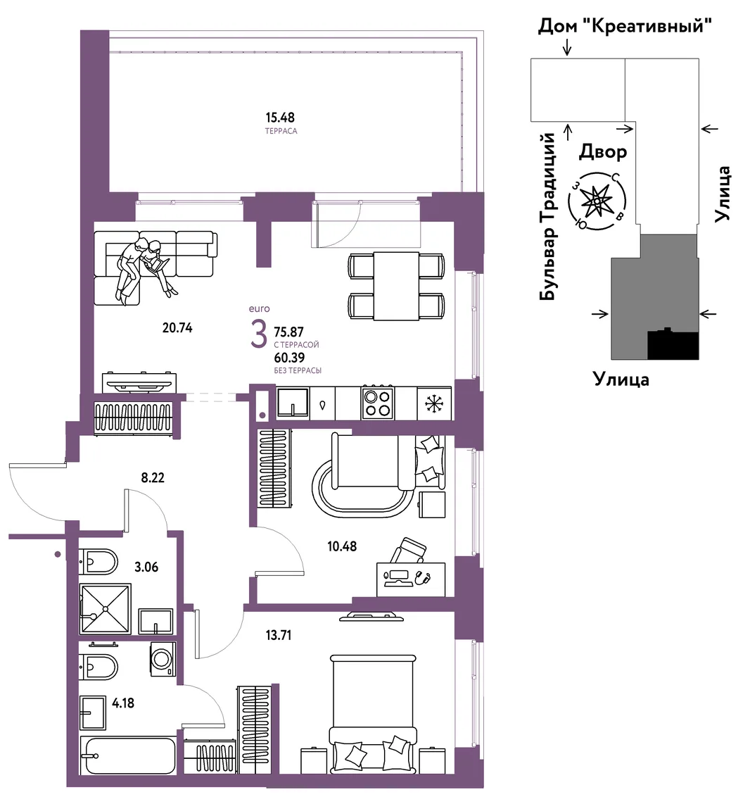 Планировка 3-комн. квартира, 75.87 м² ЖК «Микрорайон Домашний»