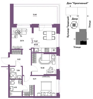 Планировка 3-комн. квартира, 75.87 м² ЖК «Микрорайон Домашний»