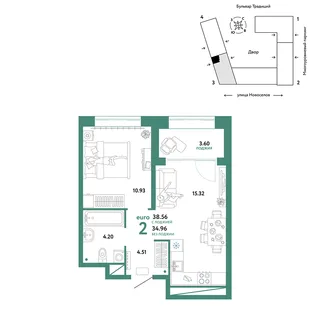 Планировка 2-комн. квартира, 38.56 м² ЖК «Микрорайон Домашний»