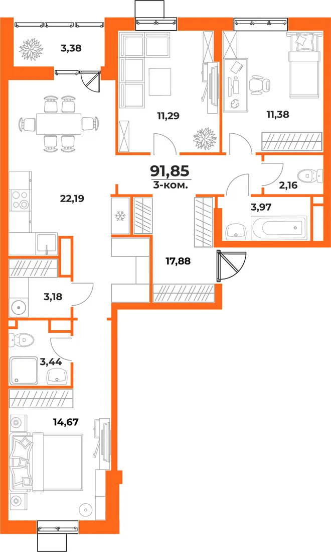 Планировка 3-комн. квартира, 91.85 м² ЖК «Живописный сад» Планировка 3-комн. квартира, 91.85 м² ЖК «Живописный сад»