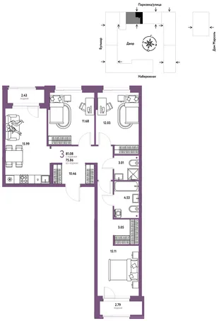 Планировка 3-комн. квартира, 81.08 м² ЖК «Европейский берег 2.0»