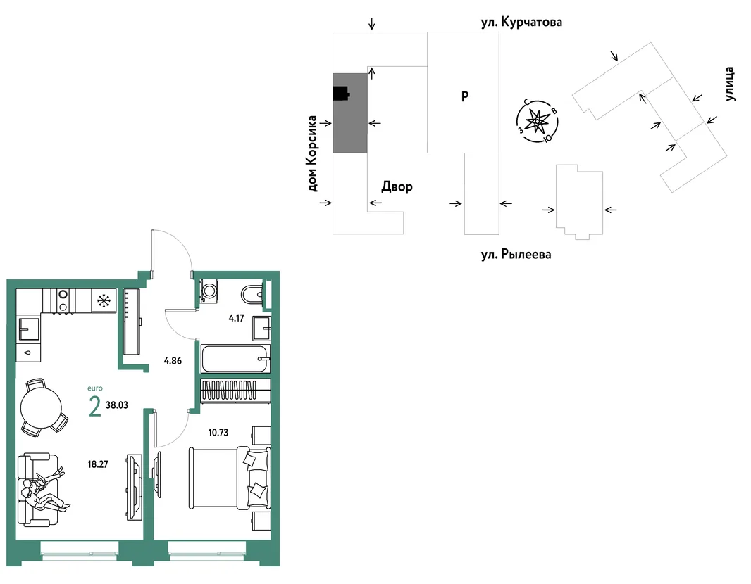 Планировка 2-комн. квартира, 38.03 м² ЖК «Остров-сад»