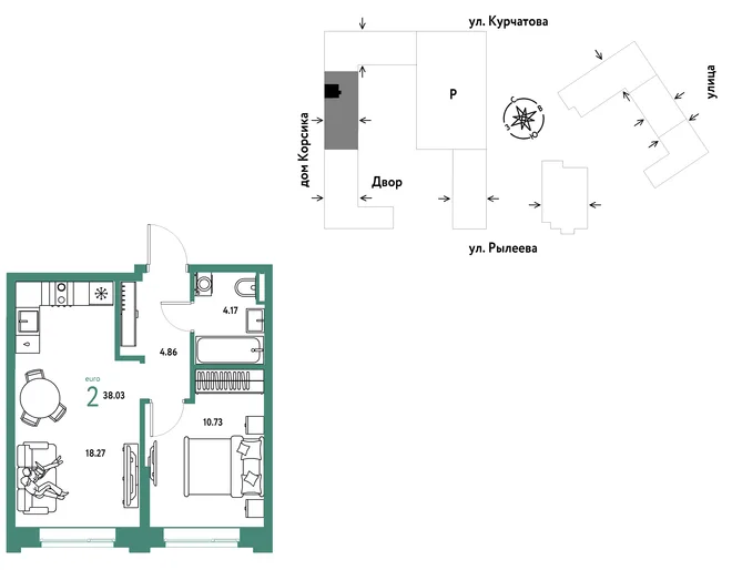 Планировка 2-комн. квартира, 38.03 м² ЖК «Остров-сад» Планировка 2-комн. квартира, 38.03 м² ЖК «Остров-сад»