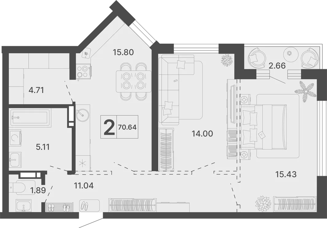 Планировка 2-комн. квартира, 70.64 м² ЖК «Светский лес»