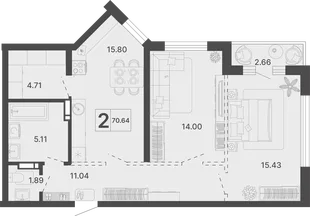 Планировка 2-комн. квартира, 70.64 м² ЖК «Светский лес»