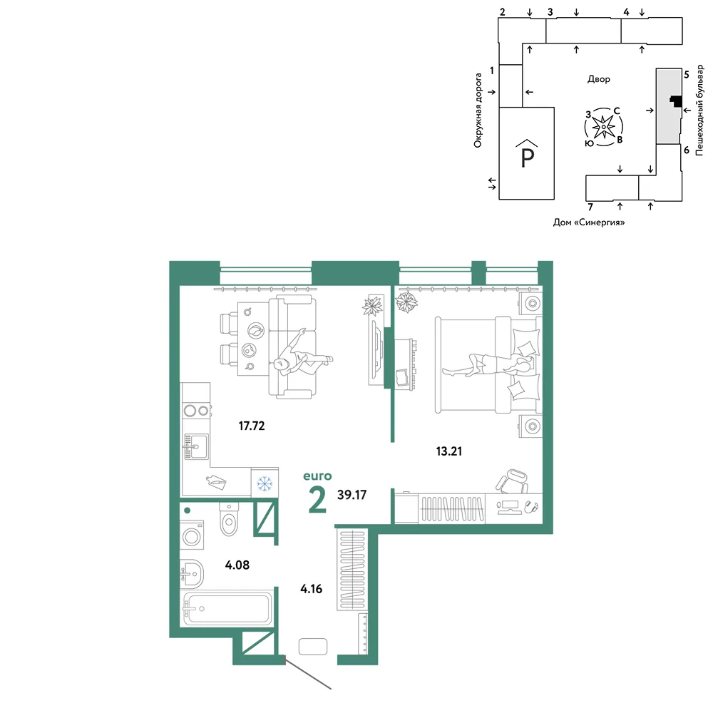 Планировка 2-комн. квартира, 39.17 м² ЖК «Юнион»