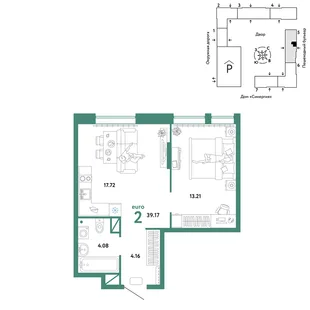 Планировка 2-комн. квартира, 39.17 м² ЖК «Юнион»