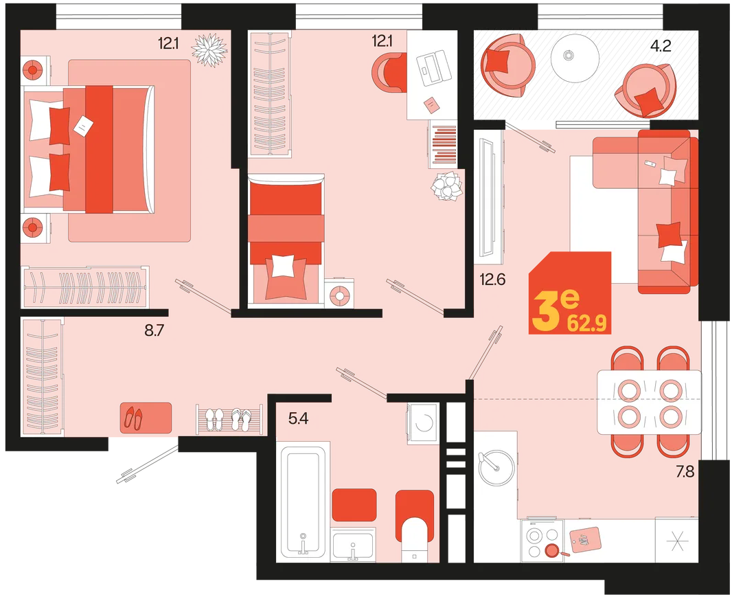 Планировка 3-комн. квартира, 62.9 м² ЖК «Первое место»