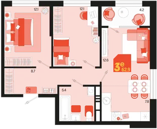 Планировка 3-комн. квартира, 62.9 м² ЖК «Первое место»