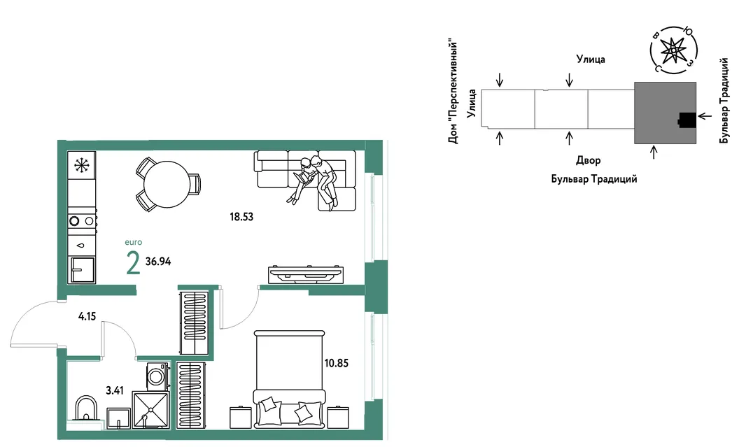 Планировка 2-комн. квартира, 36.94 м² ЖК «Микрорайон Домашний»