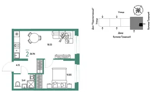 Планировка 2-комн. квартира, 36.94 м² ЖК «Микрорайон Домашний»