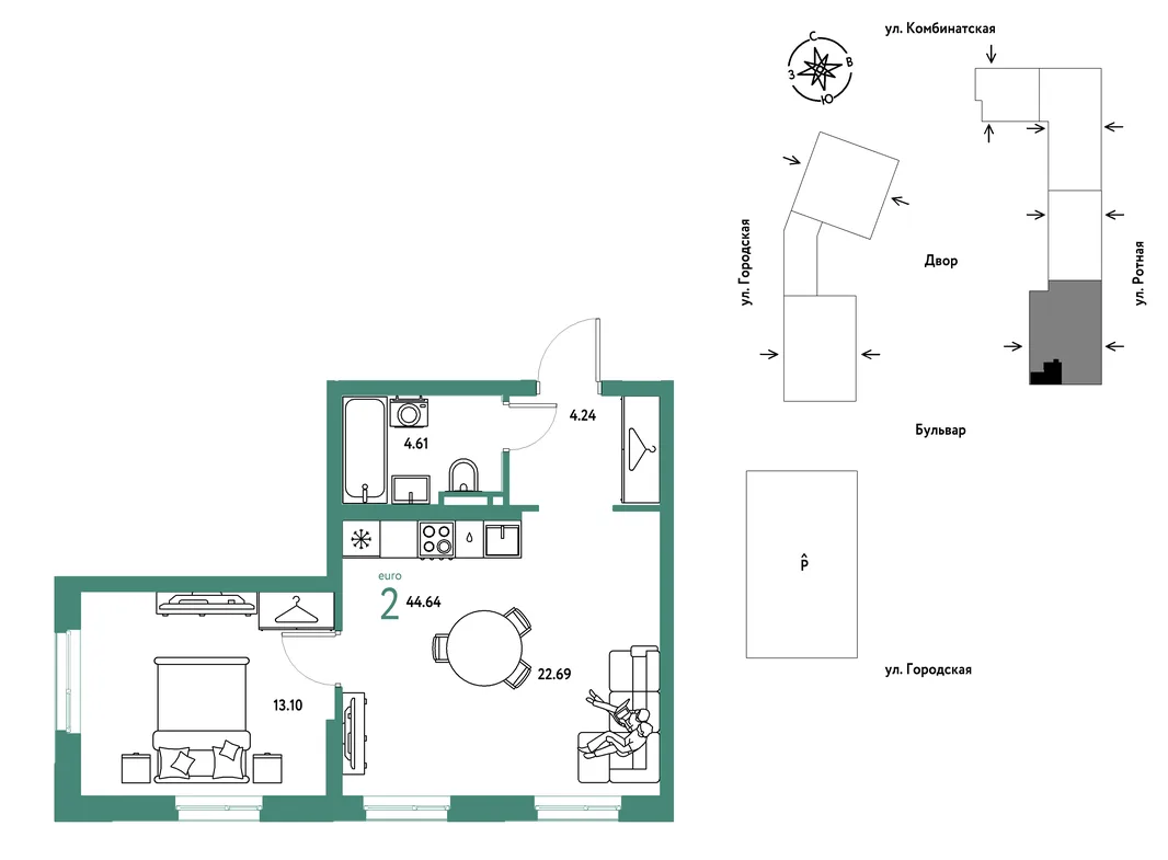 Планировка 2-комн. квартира, 44.64 м² ЖК «Уральский сад»