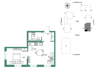 Планировка 2-комн. квартира, 44.64 м² ЖК «Уральский сад»