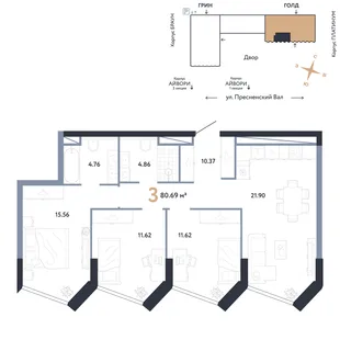 Планировка 3-комн. квартира, 80.69 м² ЖК «Репаблик»