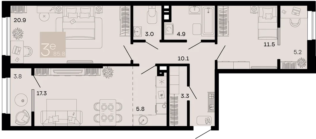 Планировка 3-комн. квартира, 85.8 м² ЖК «Хозяин морей»