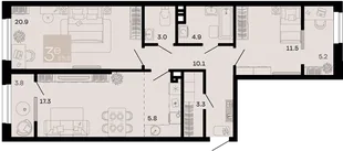 Планировка 3-комн. квартира, 85.8 м² ЖК «Хозяин морей»
