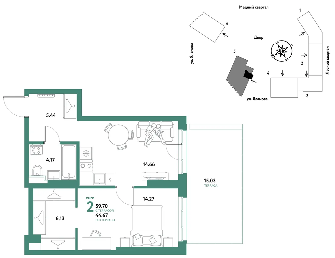 Планировка 2-комн. квартира, 59.7 м² ЖК «Сибирский сад»