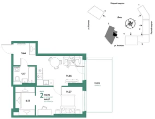Планировка 2-комн. квартира, 59.7 м² ЖК «Сибирский сад»