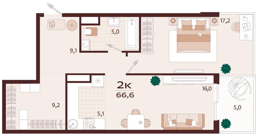 Планировка 2-комн. квартира, 66.6 м² ЖК «Роялта»