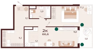 Планировка 2-комн. квартира, 66.6 м² ЖК «Роялта»
