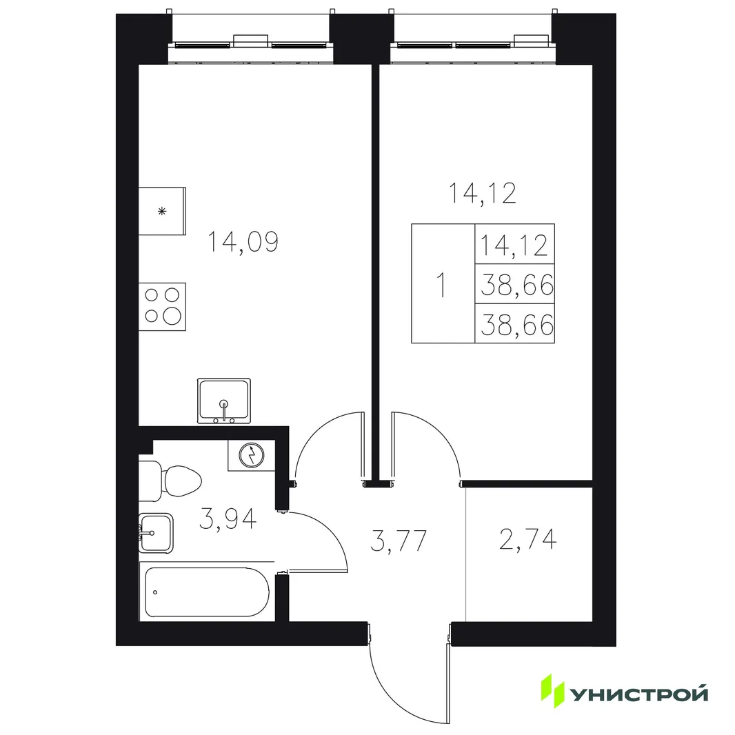 Планировка 1-комн. квартира, 38.66 м² ЖК «Statum»