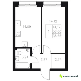 Планировка 1-комн. квартира, 38.66 м² ЖК «Statum»