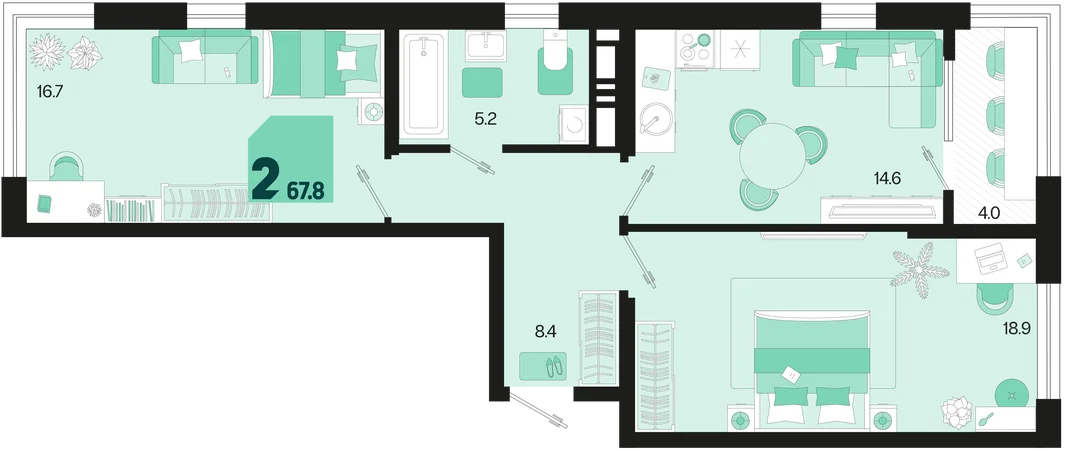 Планировка 2-комн. квартира, 67.8 м² ЖК «Первое место»
