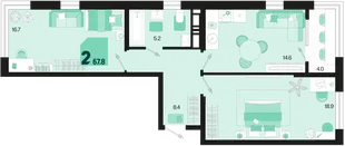 Планировка 2-комн. квартира, 67.8 м² ЖК «Первое место»