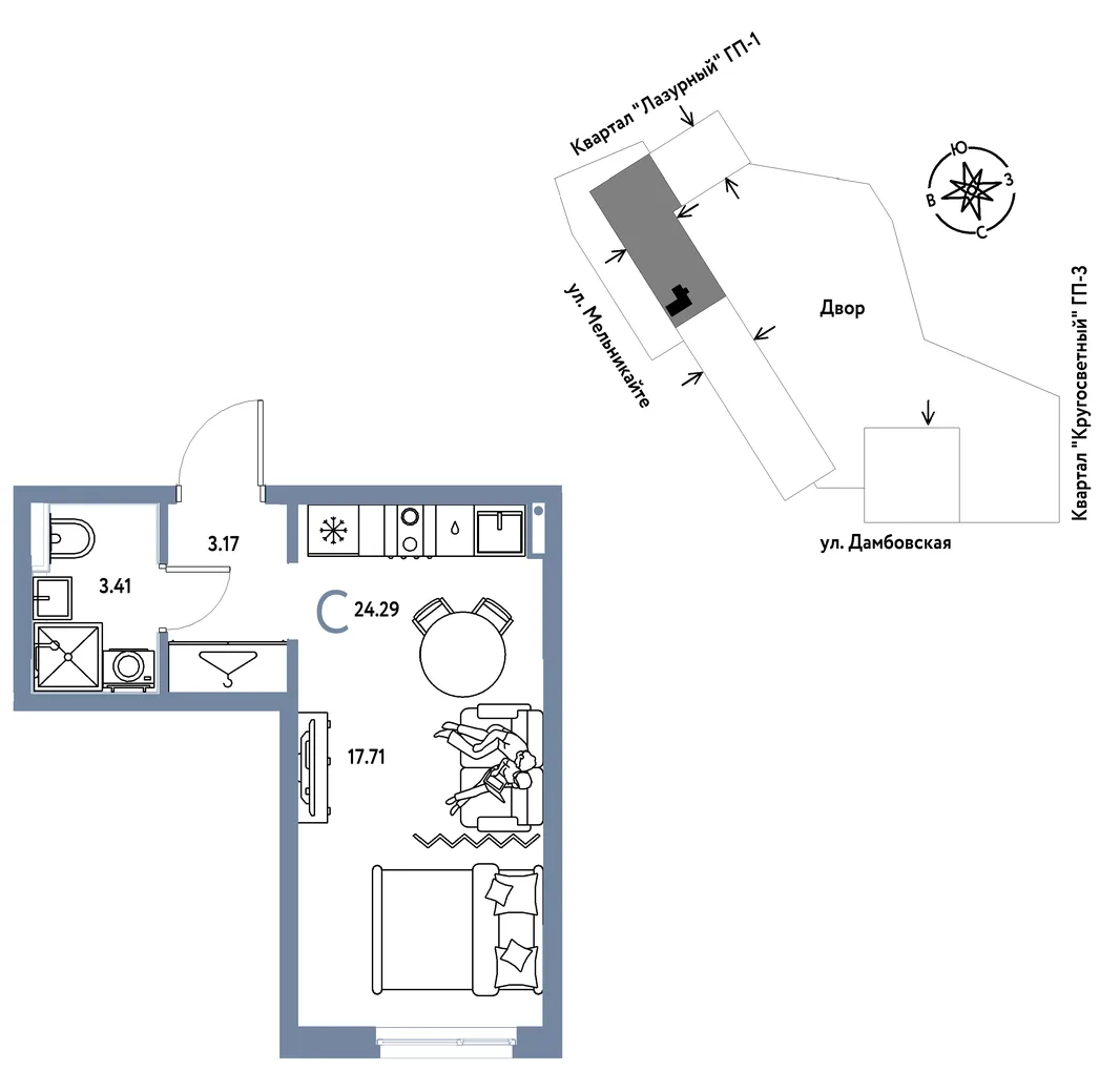 Планировка Студия, 24.29 м² ЖК «Страна Прибрежная»