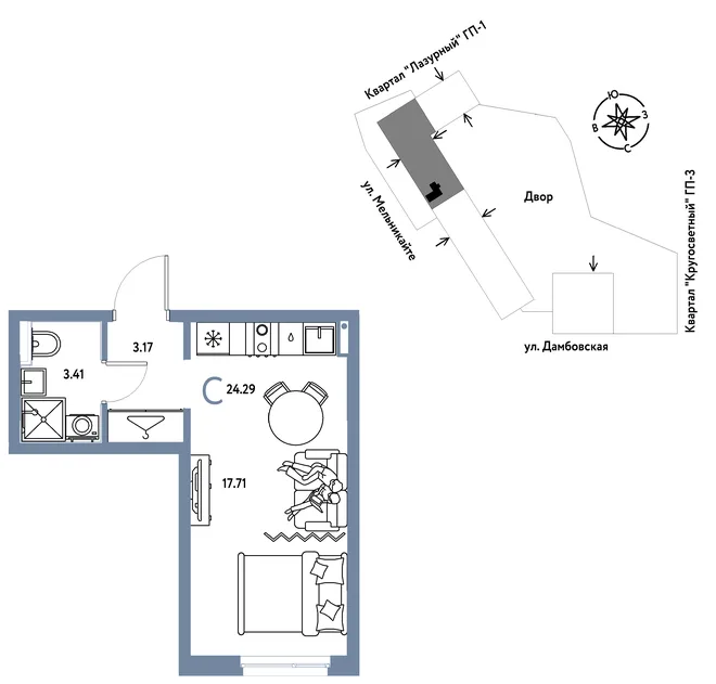Планировка Студия, 24.29 м² ЖК «Страна Прибрежная»