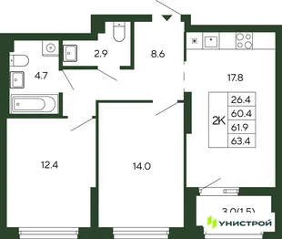 Планировка 2-комн. квартира, 61.9 м² ЖК «Парковый квартал 2.0»