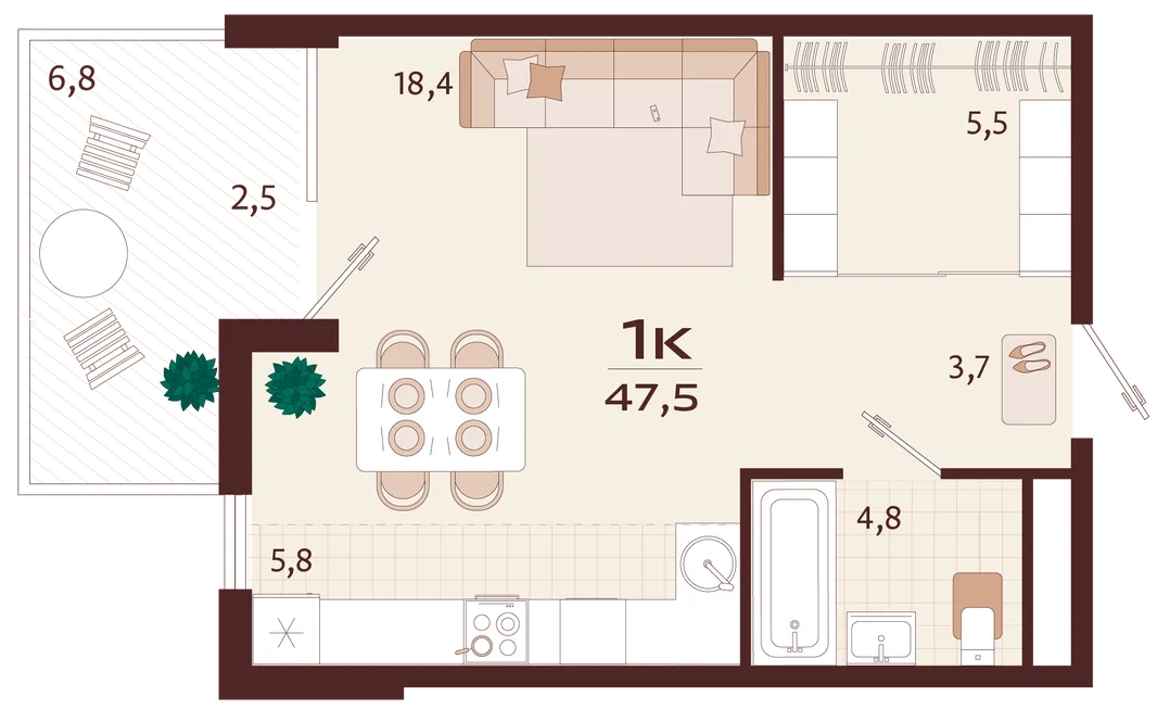Планировка 1-комн. квартира, 47.5 м² ЖК «Роялта»