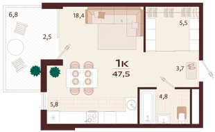 Планировка 1-комн. квартира, 47.5 м² ЖК «Роялта»