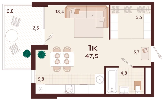 Планировка 1-комн. квартира, 47.5 м² ЖК «Роялта» Планировка 1-комн. квартира, 47.5 м² ЖК «Роялта»