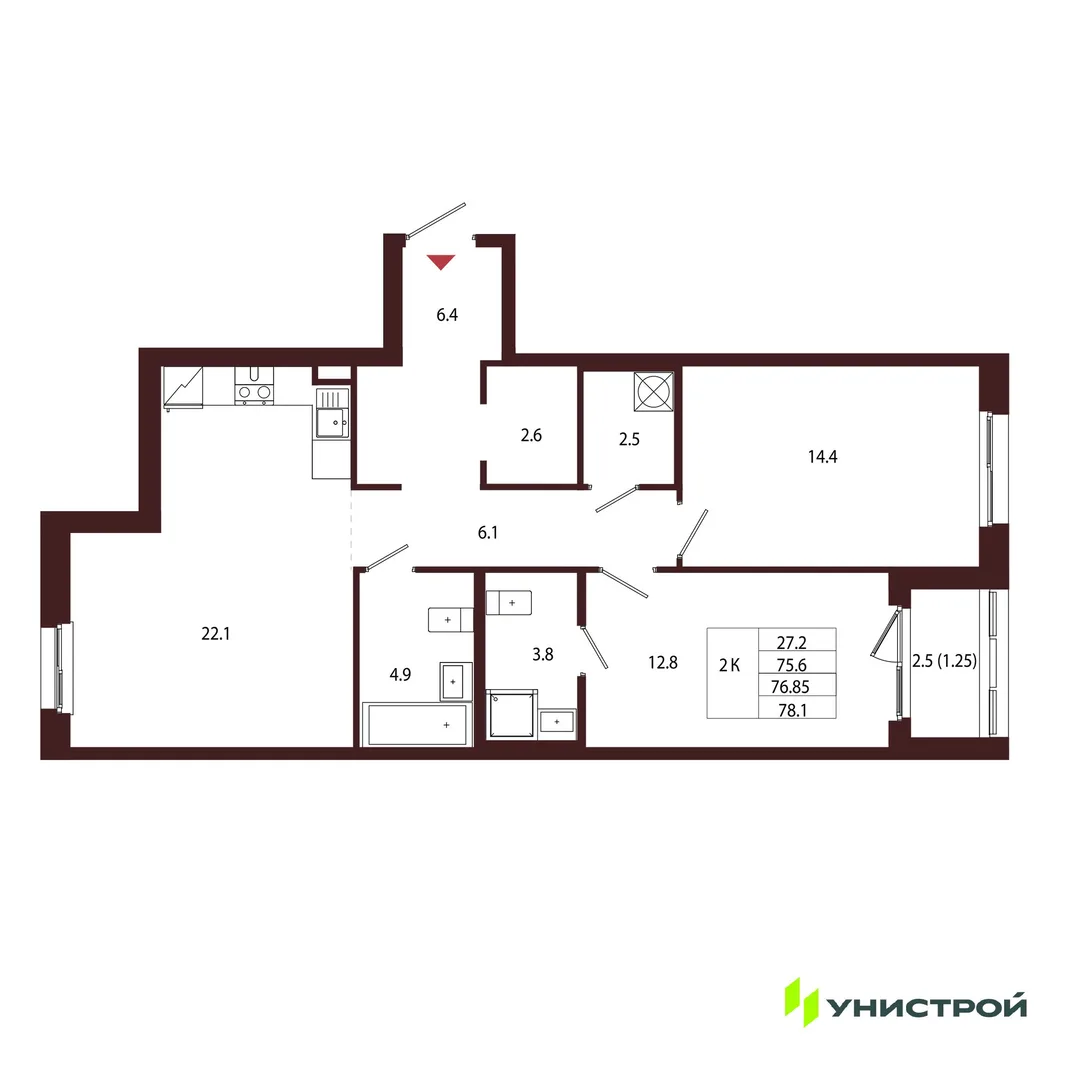 Планировка 2-комн. квартира, 76.85 м² ЖК «Лисино»