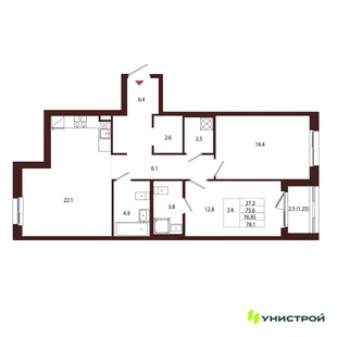 Планировка 2-комн. квартира, 76.85 м² ЖК «Лисино»